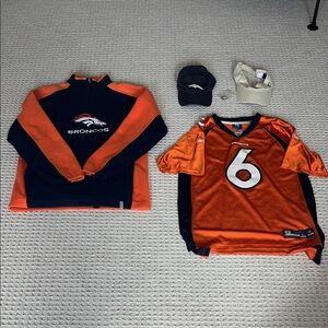 NFL Broncos Fan Apparel Set (Fleece, Vintage Cutler Jersey, Hat, Visor, Pin)